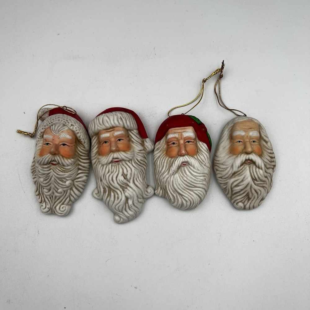 Lot of 4 Vintage 90's Ceramic‎ Painted Santa Head Christmas Ornaments Classic
